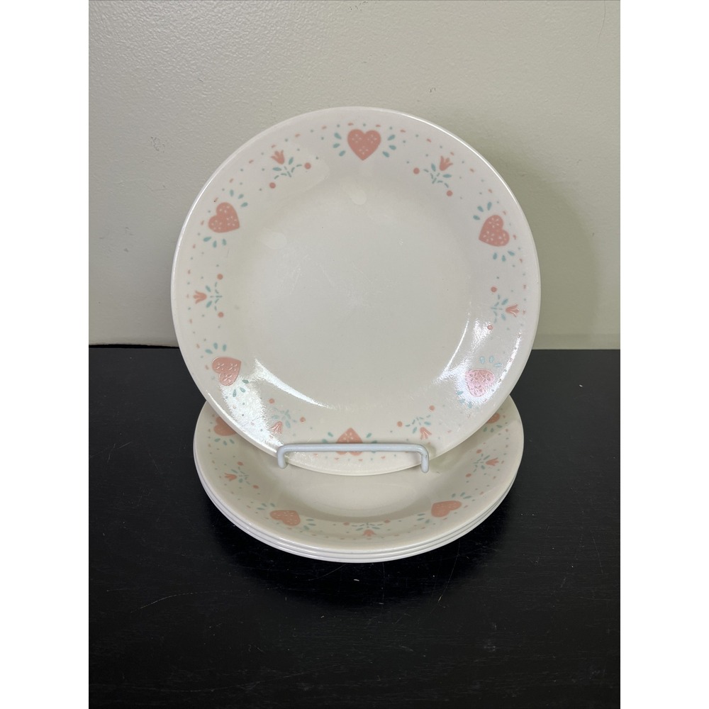 Corelle White Dinner Plates with Pink Heart and Blue Floral Accent